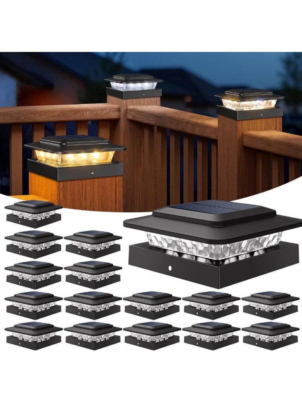 Solar Post Cap Lights - 16 Pack, Waterproof, 3 Color Temps, 2 Brightness Levels
